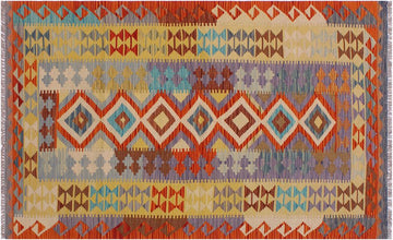 Flat Weave Kilim, Antique, Navaho, Vintage, Handmade, Geometric Kilim Beige Gray Hand-Woven Rectangle 100% Wool Area Rug 3 x 7